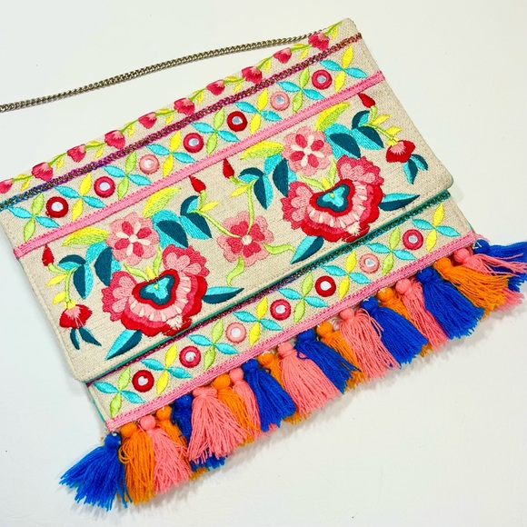 Sparkly Embroidered Floral Envelope Bag w/ Chain Strap Purse Clutch Colorful - Picture 1 of 7